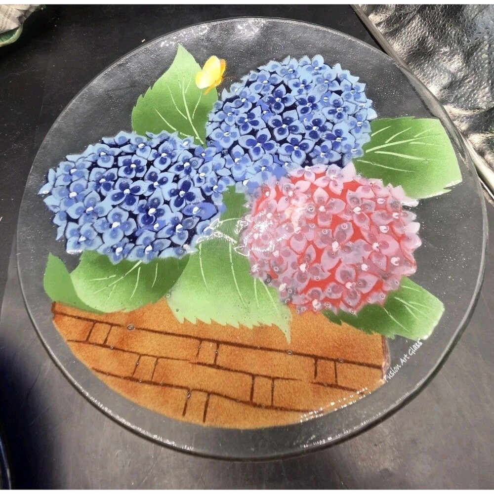 Fusion Art Glass 14 Inch Platter Dish Hydrangea